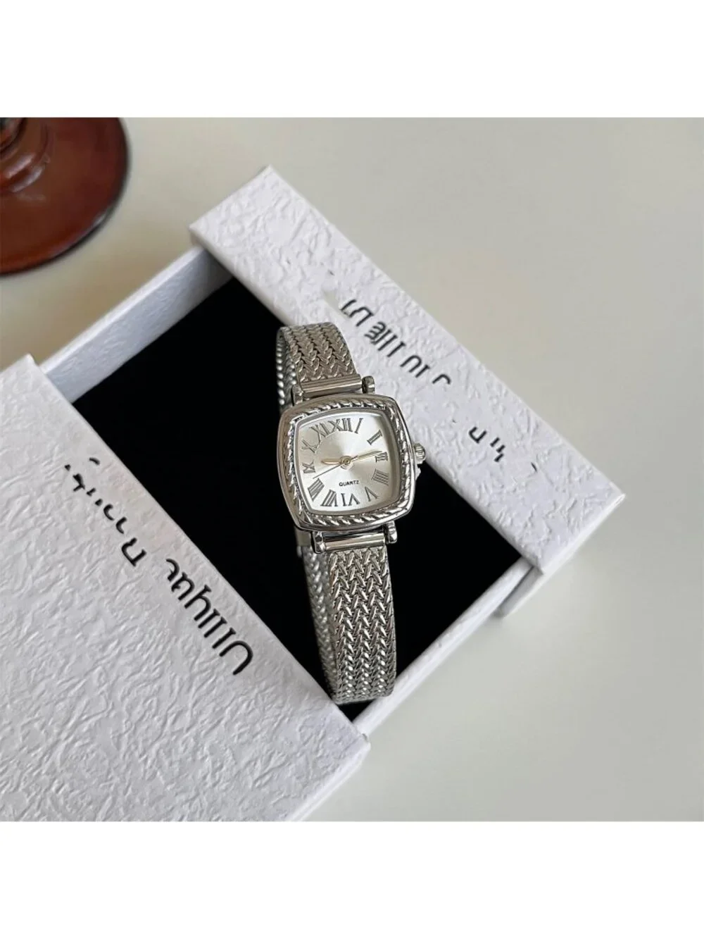 Women's Silver Vintage Square Roman Numeral Braided Mesh Band Quartz Watches